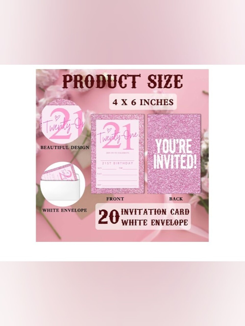Sparkle Pink 21st Birthday Invitation Cards with White Envelopes